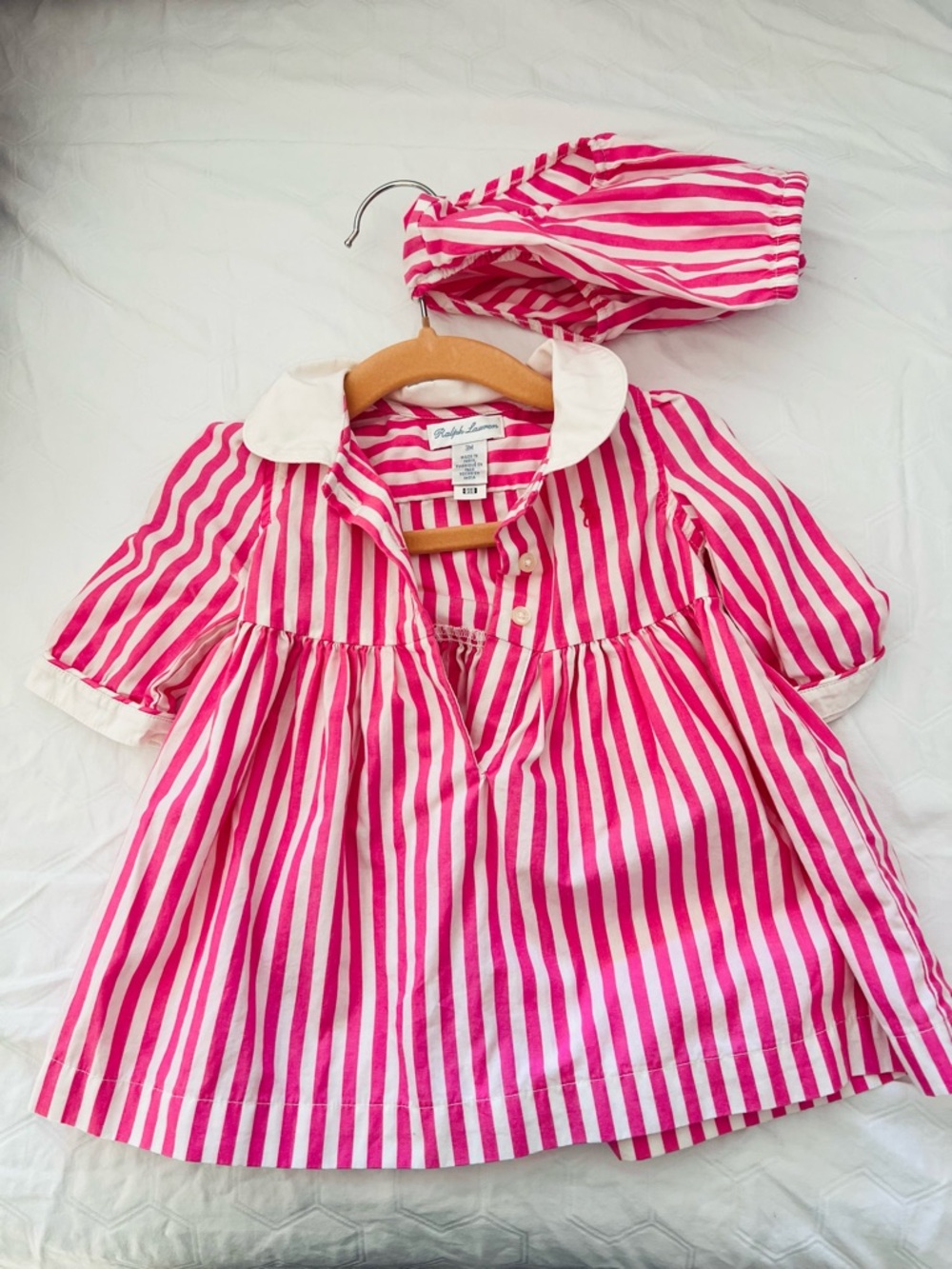 Ralph Lauren Pink & White Stripe Cotton Dress with Matching Bonnet